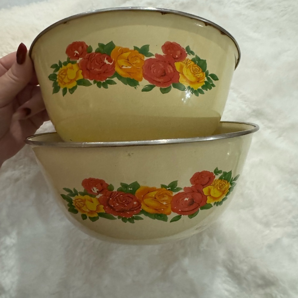 Floral Enamel Large Vintage Mixing Bowl Set Roses Floral Flower Cottagecore
